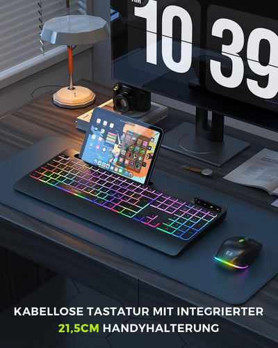 seenda Tastatur Maus Set kabellos beleuchtet, wiederaufladbare USB & Typ C Funktastatur mit Maus mit Handyhalter und Handballenauflage für PC/Windows/Mac, leise Klicken & QWERTZ Layout, Schwarz
