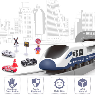 Wdmiya Elektrische Eisenbahn für Kinder ab 3 4 5 6 7 8 Jahren, Flexibler Schienensatz mit 104 Teilen, Baufahrzeuge, Pädagogisches Rennstrecken-Spiel, Weihnachten oder Geburtstag(104PCS)