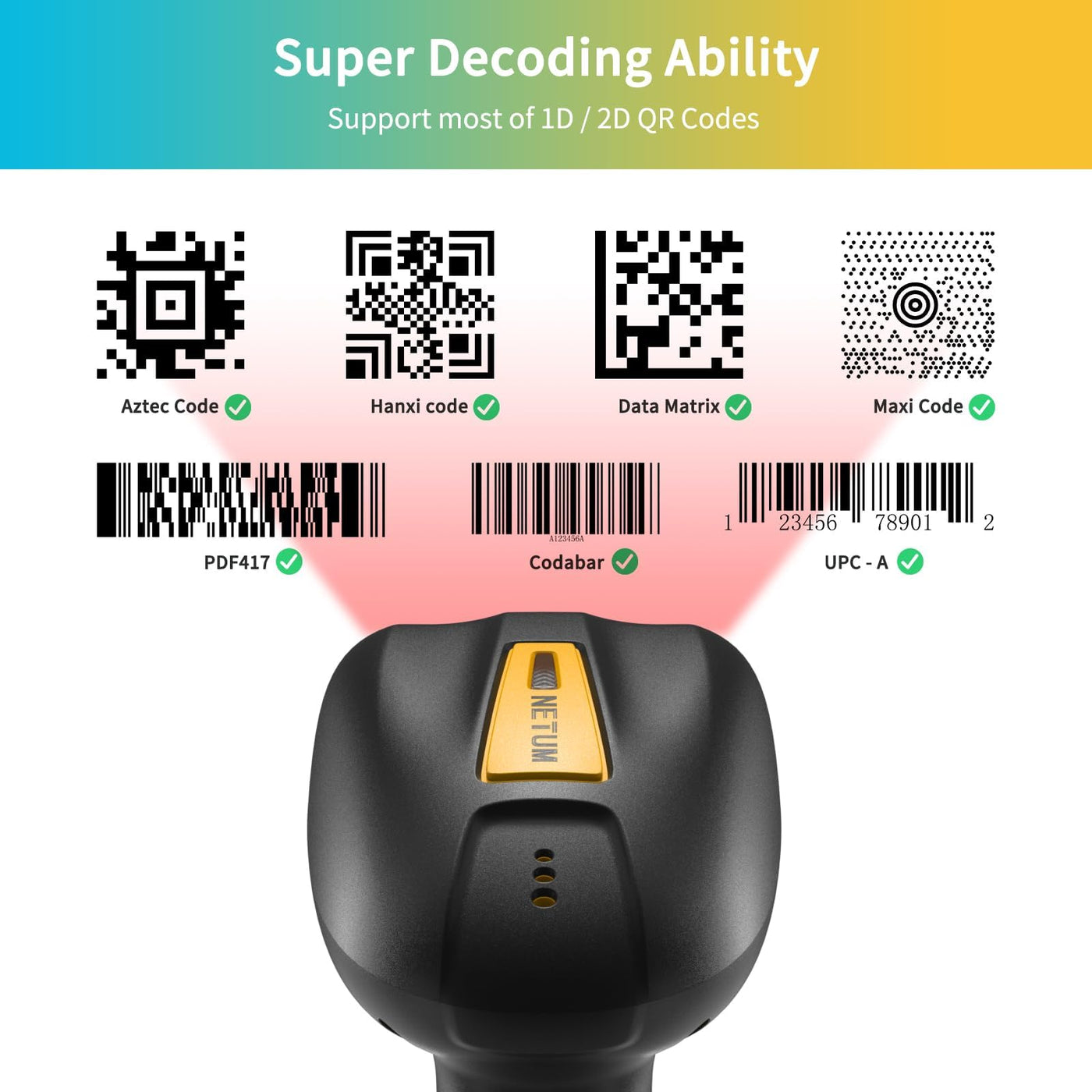 NETUM Verbesserter QR Industrie Bluetooth Barcode Scanner mit Ladestation, kabelloser 2D-1D-Barcode-Leser, Fallschutz, stoßfest, staubdicht, Freisprecheinrichtung für Windows Mac Android iOS (NT-1200)