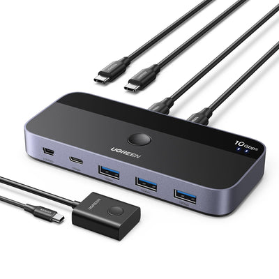UGREEN USB C Switch 2PC 10Gbps USB Switch 3.2 2 In 4 Out mit Desktop Kontroller USB Umschalter Aluminiumgehäuse mit 2USB C auf C Kabeln für Tastatur, Maus, Drucker, USB Stick usw.