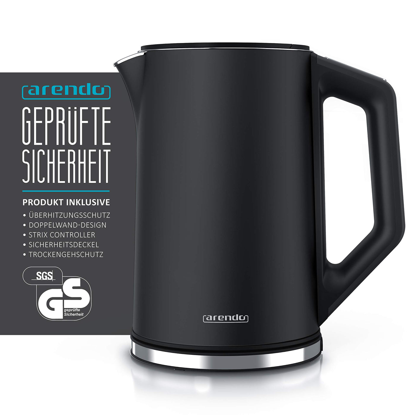 Arendo - Edelstahl Wasserkocher mit Temperatureinstellung 40-100 Grad in 5er Schritten - Doppelwand Design - Modell ELEGANT - 1,5 Liter - 2200 W - Teekocher mit Temperaturanzeige - GS - Vulkangrau