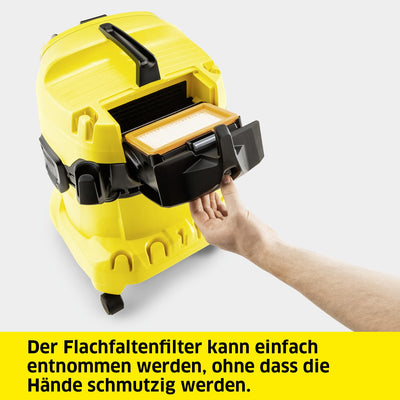 Kärcher WD 4 P V-20/5/22 Nass-& Trockensauger, Kunststoffbehälter, Gelb 5 m Kabel, 2,2 m Saugschlauch, mit Gerätesteckdose, Clips-Bodendüse, „Pull & Push“-Verschlusssystem, Gelb