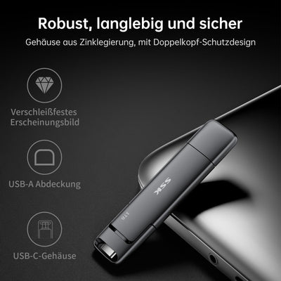 SSK USB C Externe SSD 256GB, mit bis zu 550 MB/s Extreme schneller USB-Stick, Dual-USB Typ C + USB A USB3.2 Gen2 Speicherstick für Android-Telefon, Laptop, Tablet, Mac