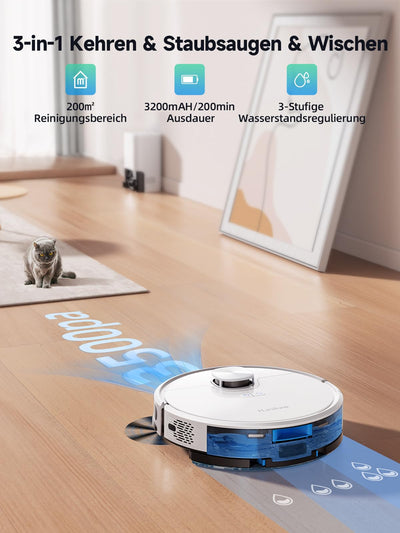 Staubsauger Roboter mit Wischfunktion, HONITURE Q6 SE Saugroboter, 3500Pa Saugroboter mit gespeicherten Karten, ideal für Tierhaare, Teppiche und Hartböden, Laufzeit 200 Minuten (mit 2,5L Saugstation)