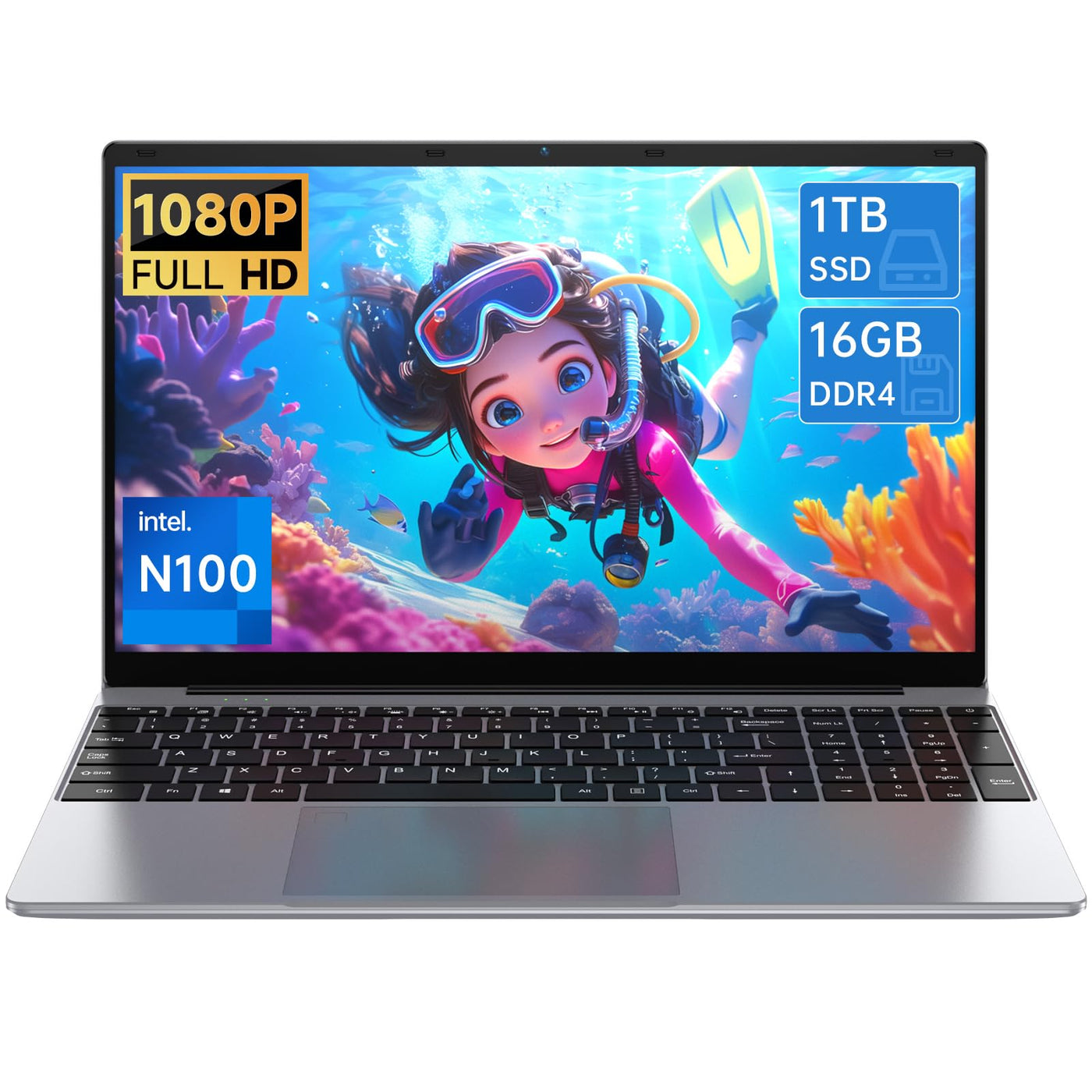 Gezoon 15.6 Zoll Laptop Computer | 15.6 Zoll FHD Display | 4C4T N100 Prozessor 3.4GHz | 16GB DDR4 RAM | 1TB SSD | UHD Graphics | Win 11 Pro | Duales WLAN | Bluetooth 5 | 2 x USB 3.0 | 6500 mAh