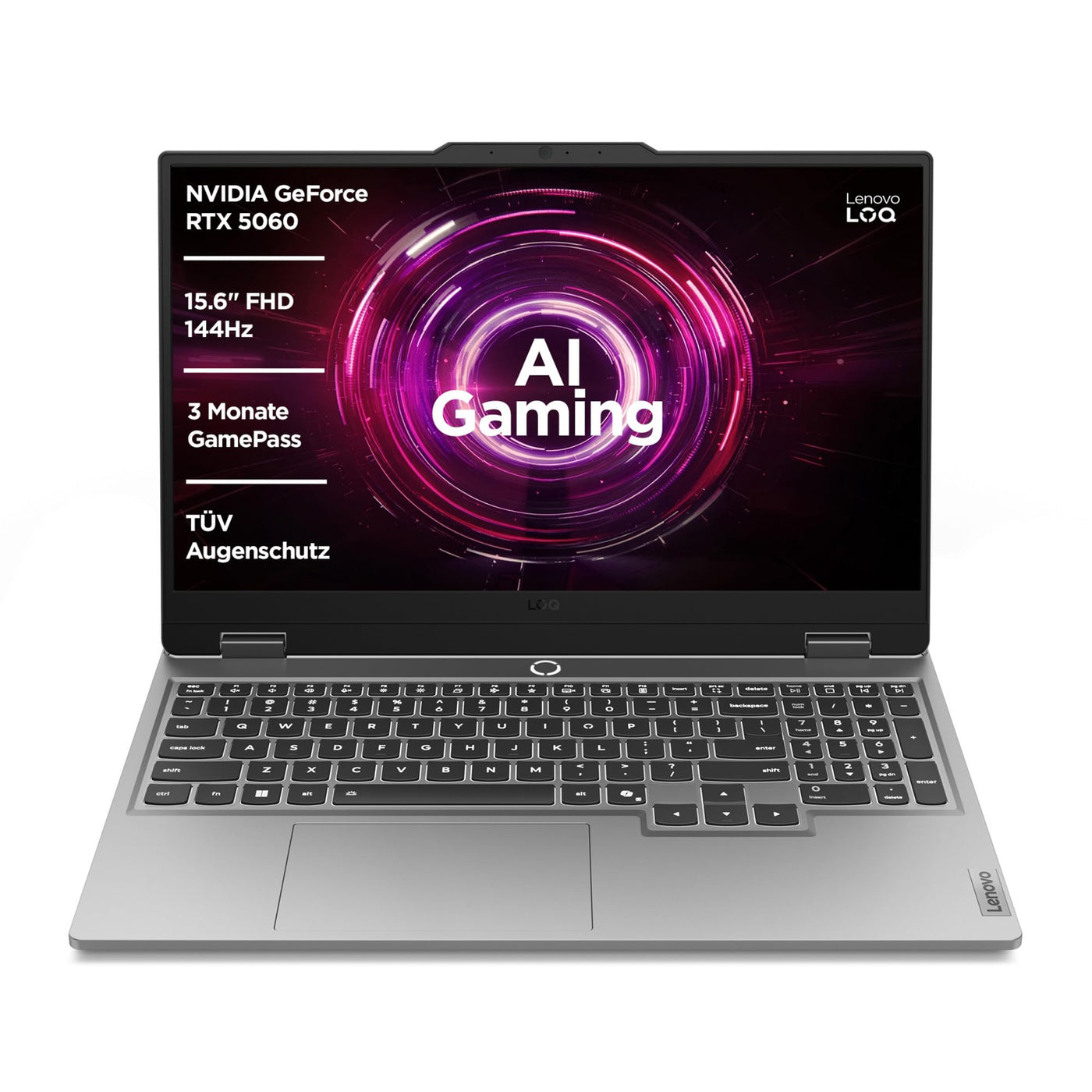 Lenovo LOQ Gaming AI Laptop | 15.6" Full HD 144Hz LCD Display |NVIDIA GeForce RTX 5060 | AMD Ryzen 7 250 | 16GB RAM | 1TB SSD | Win11 | QWERTZ | Luna Grau | Weiss beleuchtet | 3 Monate GamePass
