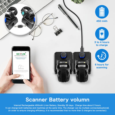 NETUM Mini Wireless 2D Ring Barcode Scanner Bluetooth, tragbarer Barcodeleser mit Ladestation und integriertem Speicher, schnelles und präzises Scannen - RS9000