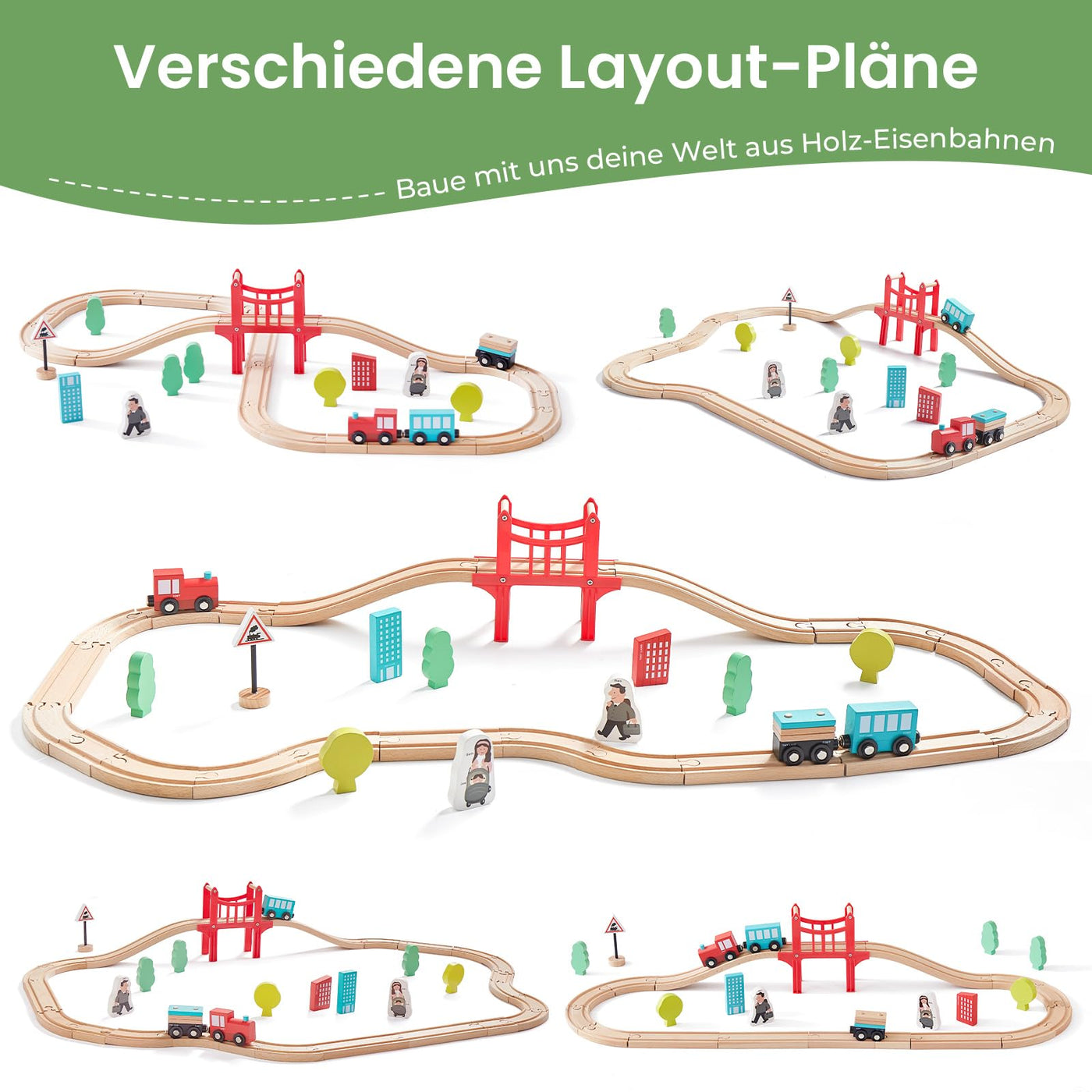 Tiny Land 39 Pcs Holzeisenbahn und Züge Pack Eisenbahn Anfängerset Kompatibel mit Thomas Passend für Eichhorn Zugset Kleinkinderspielzeug empfohlen ab 3 Jahren