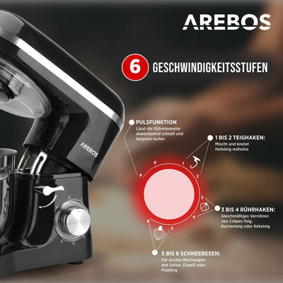Arebos Küchenmaschine 1500W mit 6L Edelstahl-Rührschüssel | Rot | inkl. Rührhaken, Knethaken, Schneebesen | Spritzschutz | 6 Geschwindigkeiten | Knetmaschine | Teigmaschine