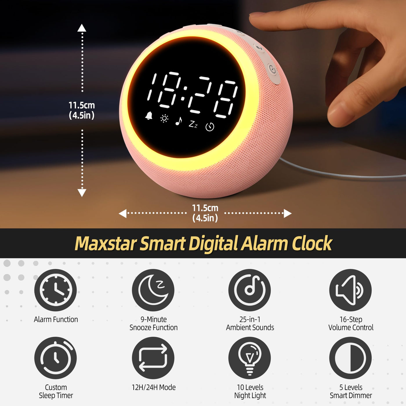 Smart Digital Wecker mit 25 Entspannungstönen, Nachtlicht, Schlummertaste, Timer & Einstellbarer Lautstärke/Helligkeit - Weißes Rauschen Schlafhilfe für Kinder, Mädchen, Erwachsene im Schlafzimmer
