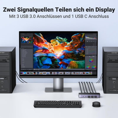 UGREEN HDMI 2.0 KVM Switch 4K@60Hz USB 3.0 Switch 4 USB Ports (3*USB 3.0+ USB C) Sharing 1 Monitor und Tastatur, Maus, Drucker, U disk für 2 PC mit 2 USB Kabeln und 2 HDMI Kabeln.