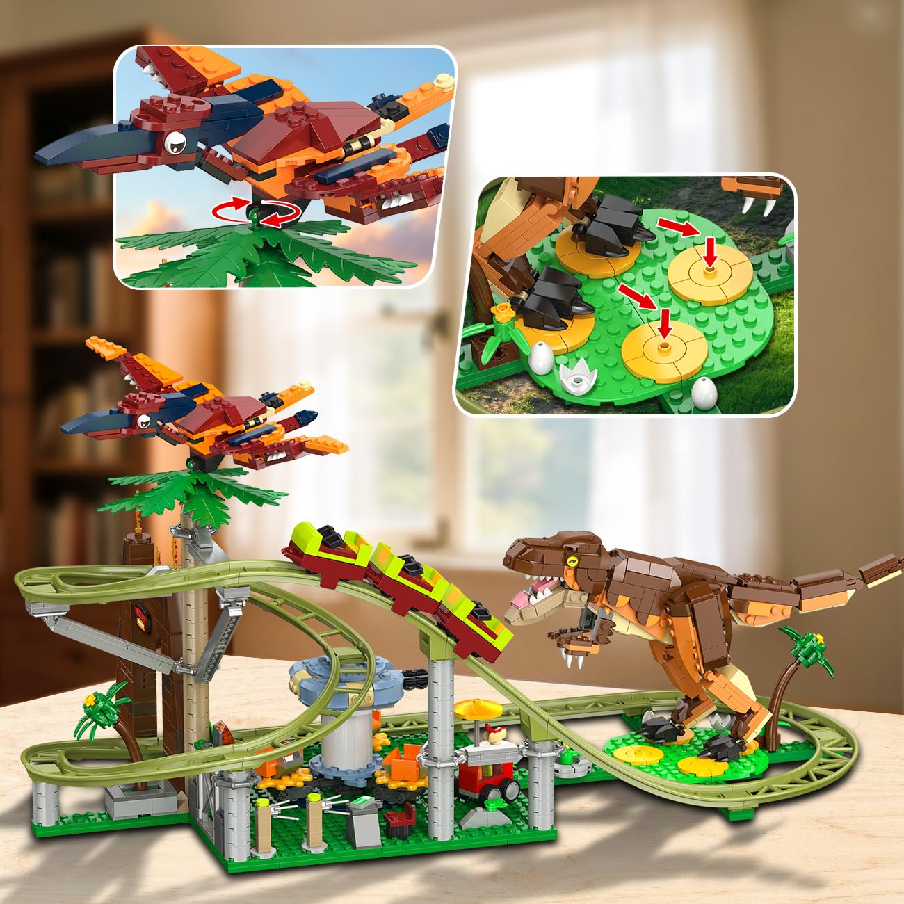 HOGOKIDS Dinosaurier Achterbahn Bausteine Spielzeug – 1222pcs Achterbahn Bauspielzeug mit 4 Dinosauriern, Geländewagen, Dinosauriermodellen, Geschenk für Erwachsene, Mädchen Jungen ab 8 Jahren