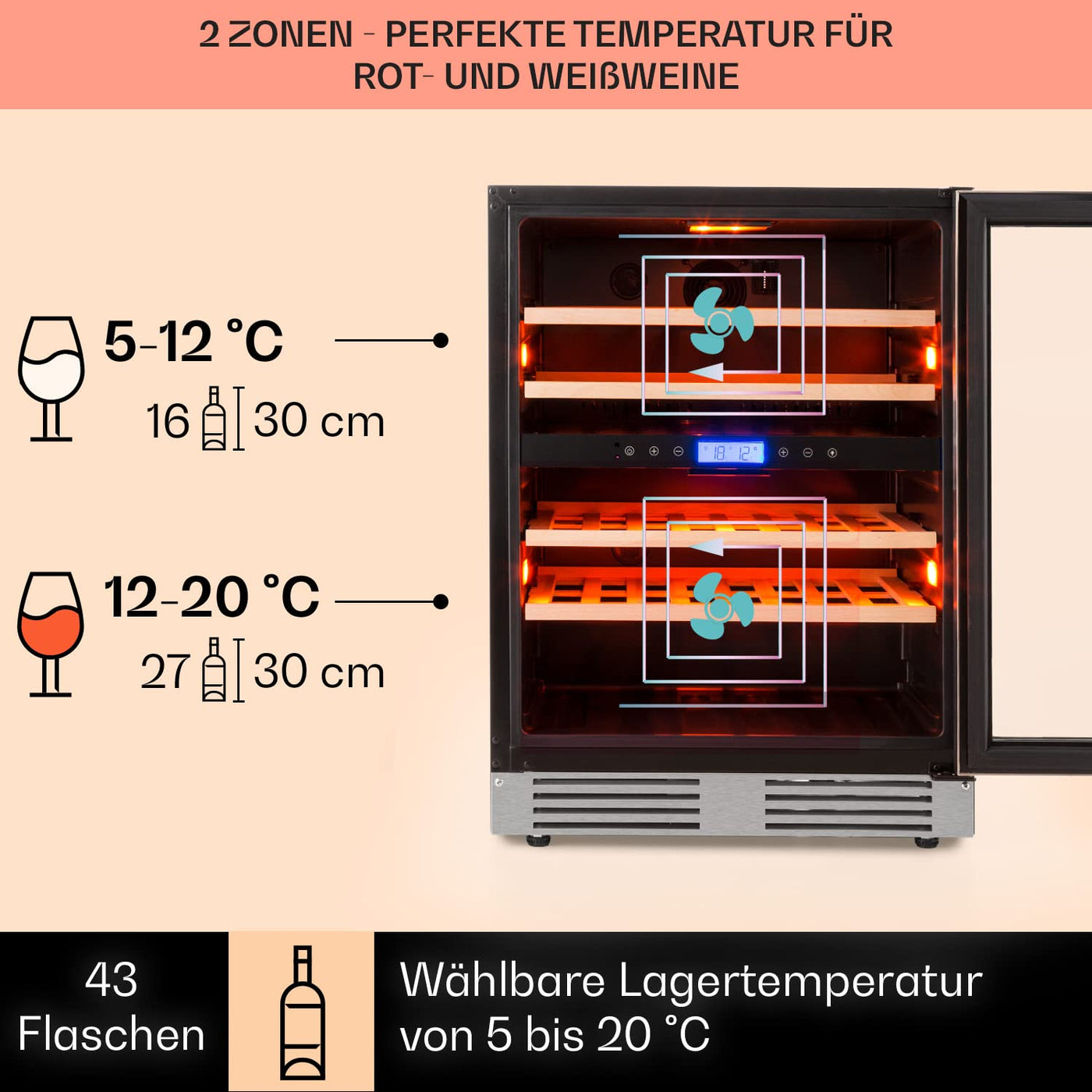 Klarstein Einbau-Weinkühlschrank, 2 Zonen Getränkekühlschrank Klein, Kleiner Weinschrank 129L, Wein-Kühlschrank Klein mit Glastür, Indoor/Outdoor Flaschenkühlschrank, Wine Fridge für 43 Flaschen