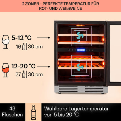 Klarstein Einbau-Weinkühlschrank, 2 Zonen Getränkekühlschrank Klein, Kleiner Weinschrank 129L, Wein-Kühlschrank Klein mit Glastür, Indoor/Outdoor Flaschenkühlschrank, Wine Fridge für 43 Flaschen