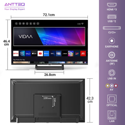 Antteq V32-AH3Q1L-BT 32 Zoll Smart TV(Fernseher 81 cm),Voice Remote Control,HD,Triple Tuner(DVB-T2/S2/C),App Store,DAZN,UVM,WiFi,Hotelmodus,2024