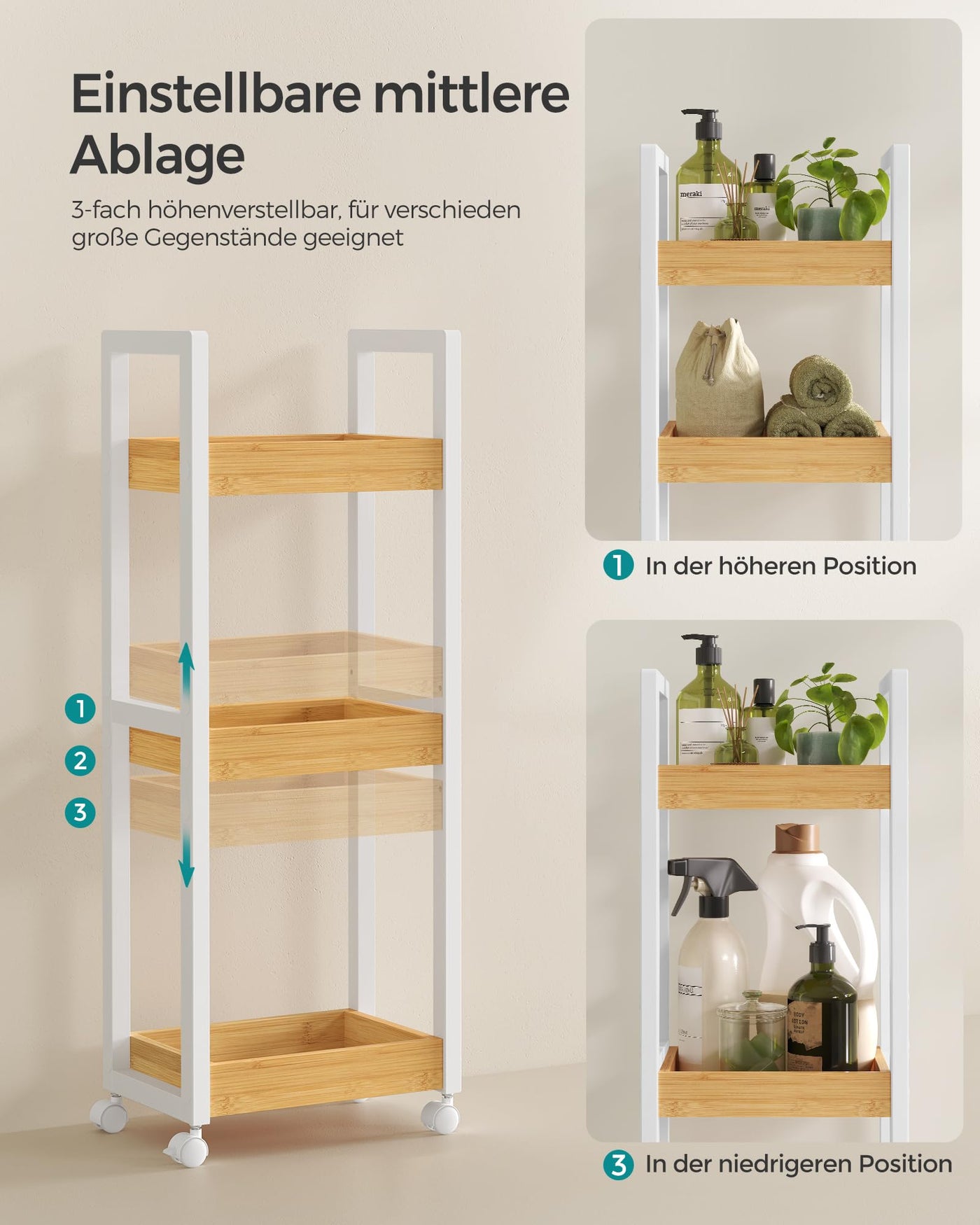 SONGMICS Rollwagen, Badregal, Badezimmerregal mit 3 Ebenen, Nischenregal Bambus, Regal schmal, Nischenwagen auf Rollen, platzsparend, 20 x 30 x 80 cm, weiß-naturfarben BCB083N02