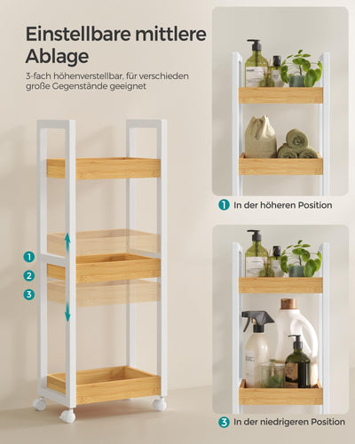 SONGMICS Rollwagen, Badregal, Badezimmerregal mit 3 Ebenen, Nischenregal Bambus, Regal schmal, Nischenwagen auf Rollen, platzsparend, 20 x 30 x 80 cm, weiß-naturfarben BCB083N02