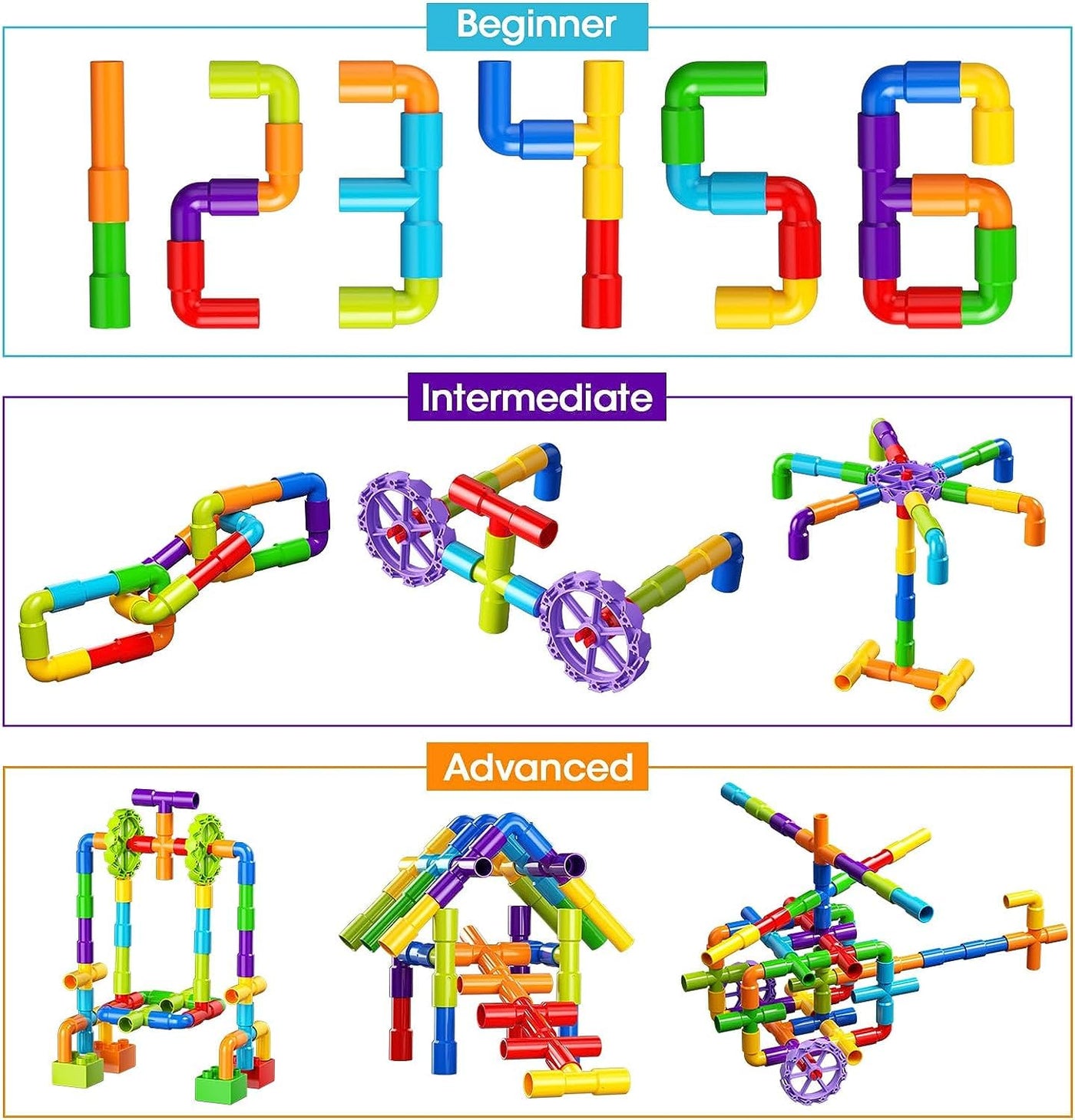 burgkidz Pipe Tube Toys, 188 Stück Klassische Bausteine Zusammenbau Steckbausteine Spielzeug mit Rädern und Grundplatte für Kinder, Geschenk für kreative Lernerziehung für Jungen und Mädchen