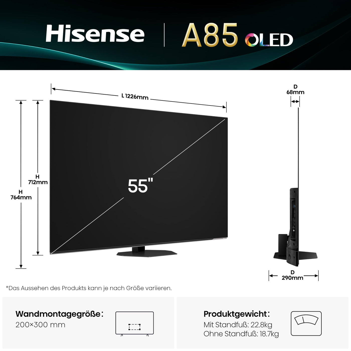 Hisense 55A85Q 139cm (55 Zoll) Fernseher, 4K UHD OLED Smart TV,120Hz, HDMI 2.1, Game Mode Pro, AMD FreeSync Premium, Dolby Vision IQ & Atmos, Bluetooth, Alexa Built-in, Schwarz, [2025]
