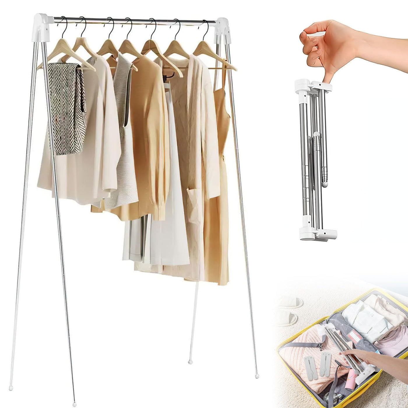 JABNOW Tragbarer Kleiderständer Klappbar,13-28 Zoll Teleskop Wäscheständer Mit 2 Klappbügeln,Verstellbarer Reise kleiderständer,Wäscheständer Klein Klappbar aus Edelstahl für Reisen,Camping,Zuhause