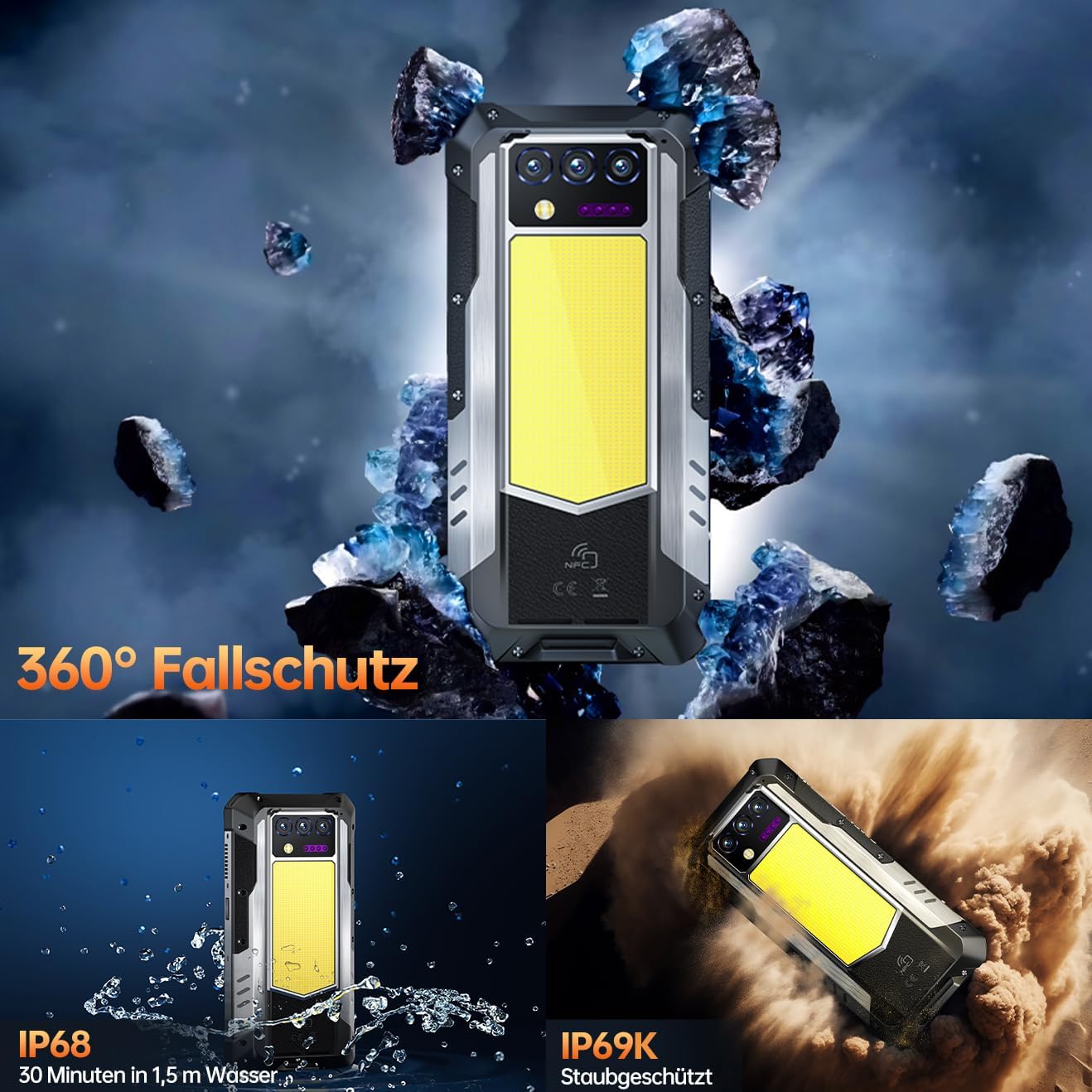 OUKITEL WP100 Titan Outdoor Handy 5G - 33000mAh Outdoor Smartphone mit 100 Lumen Projektor, 48GB RAM 512GB ROM 6,8" FHD+ Handy mit 1200 Lumen Campinglicht, 200MP+32MP+20MP Kamera, NFC/GPS/IP68/IP69K