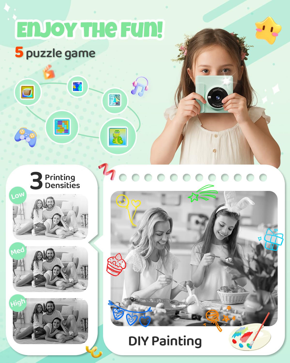 TIATUA Kinderkamera Sofortbildkamera, 2,4 Zoll Sofortbildkamera Kinder mit 32G Karte und Fotopapier Drucken, 1080P HD Digitalkamera Kinder, Geschenke für Jungen und Mädchen 3-12 Jahre (grün)