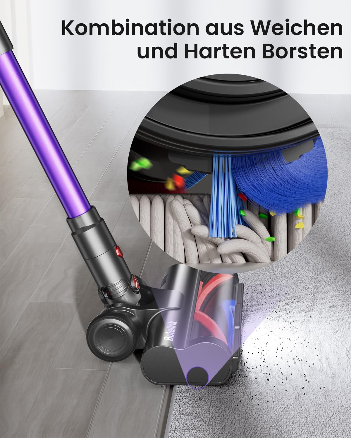 Bulelink Akku Staubsauger 45KPA/550W/70Mins, Staubsauger Kabellos mit OLED Smart Screen und Kombination von Weichen und Harten Borsten Bodenbürste, Wandmontage Wiederaufladbare 1.8L Akkustaubsauger