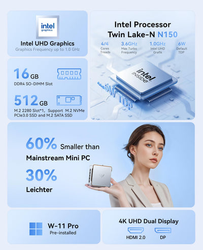 NiPoGi E2 Mini PC W-11 Pro, Ιntel Twin Lake N150(bis zu 3,6 GHz, 6 W TDP), 16 GB DDR4 512 GB M.2 SSD Mini Desktop Computer, 4K Dual Display, HDMI 2.0, DP, Dual-WiFi, VESA-Halterung für Schule, Büro.