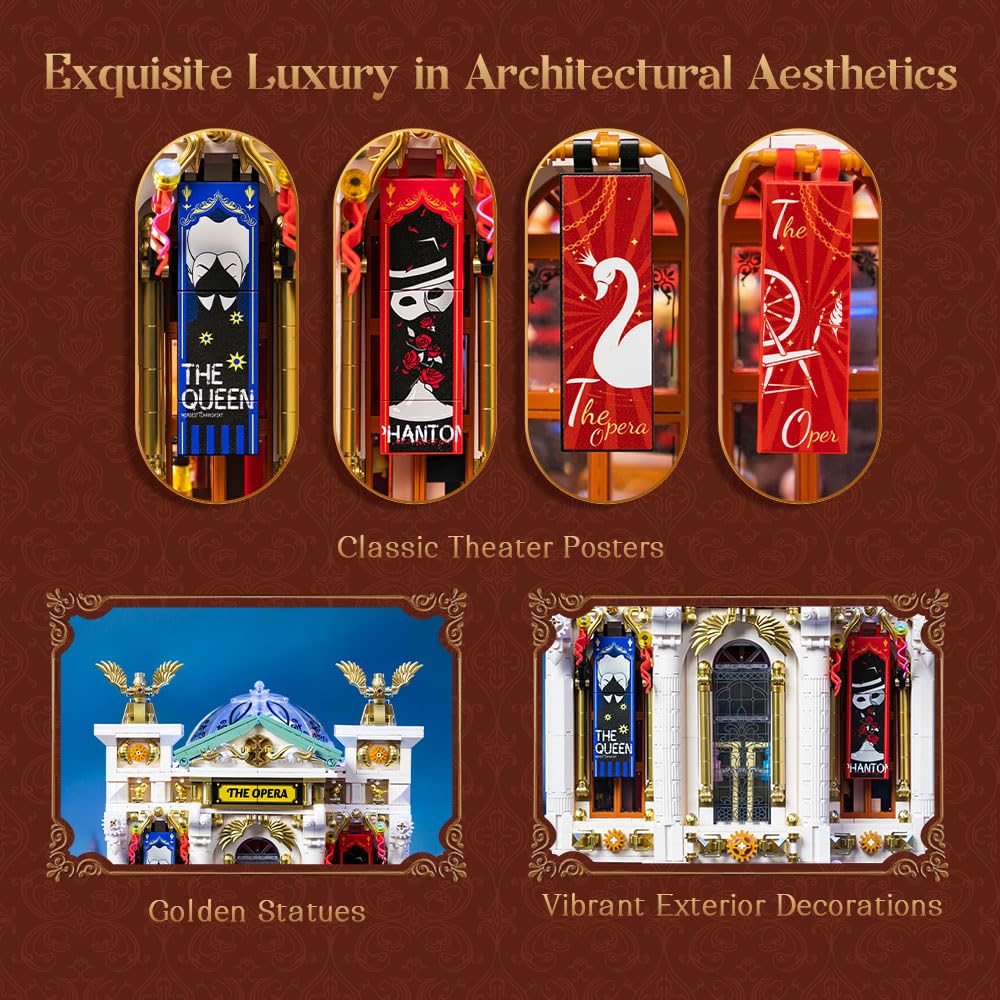 PANTASY Vintage Europäisches Grand Theater Bauset Modulares Modell mit Kristalllüster, Transparentem Dom Erweiterbarer Straßenszene, Retro-Sammlertheater Architektur für Erwachsene