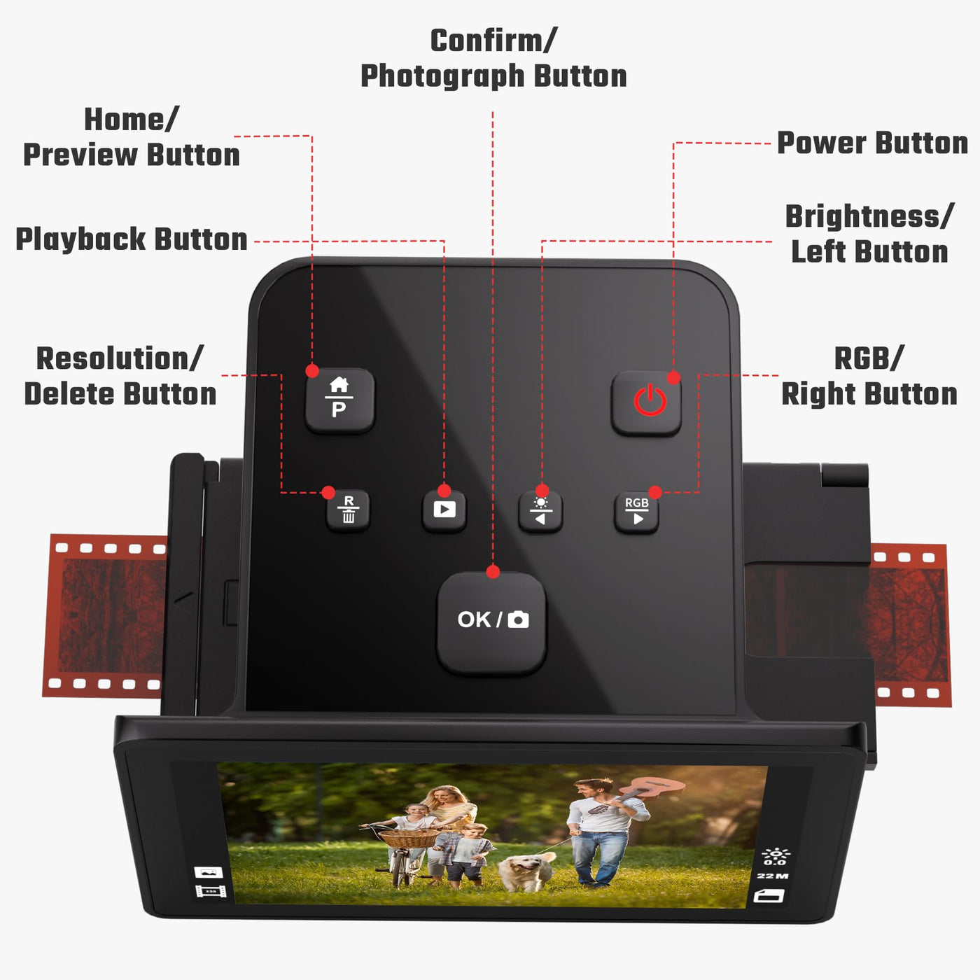 Digitaler Film- und Diascanner mit großem 5-Zoll-LCD-Display, Negativscanner und Dia Scanner zum Digitalisieren, konvertiert 135, 126 KPK, 110 Negative und Super 8-Film in 22 MP JPEG.