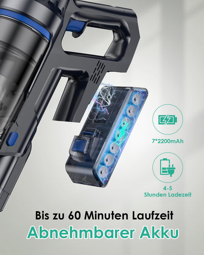 Akku Staubsauger mit Wischfunktion, 550W/45000Pa/60 Min Staubsauger kabellos, Mit bürstenlosem Motor, Mit selbsttragender Funktion und intelligentem Touchscreen, Für Hartböden Teppich Tierhaare