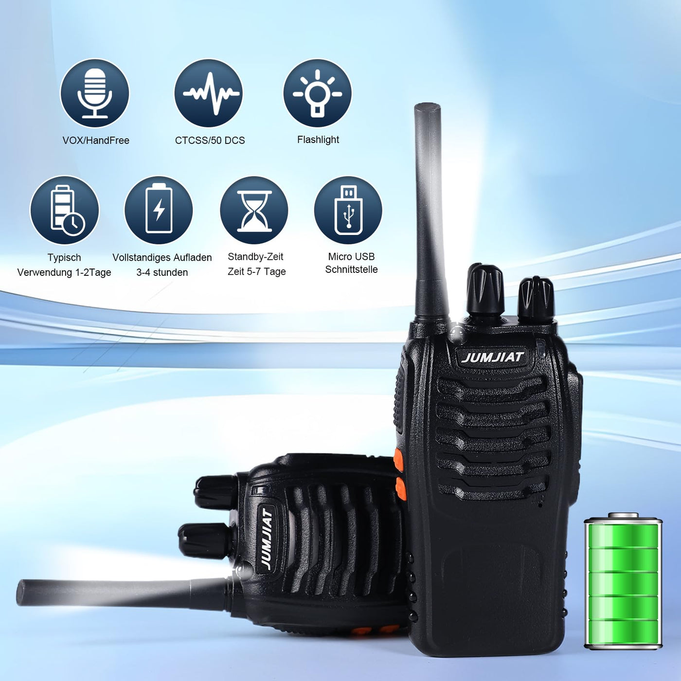 JUMJIAT Walkie -Talkie 16 Kanälegroße Reichweite Funkgeräte,Walkies talkies Eingebauter LED Taschenlampe, USB-Ladestation Cable mit Type-C und Headset (2 Stück)