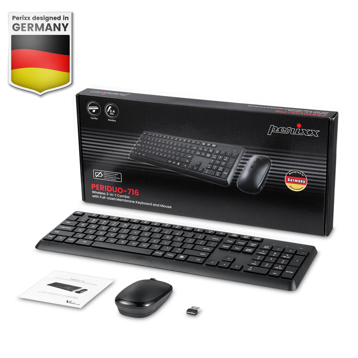 Perixx PERIDUO-716, Kabellose 2,4-GHz Tastatur-Maus-Set, Standardgröße - Schwarz, Deutsches QWERTZ