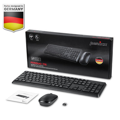 Perixx PERIDUO-716, Kabellose 2,4-GHz Tastatur-Maus-Set, Standardgröße - Schwarz, Deutsches QWERTZ