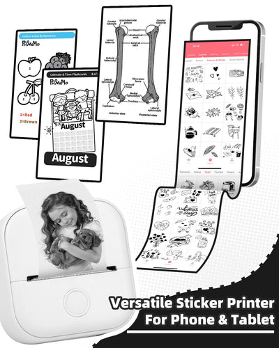 Memoking Tragbarer Mini Aufkleberdrucker - T02 Taschendrucker Bluetooth Fotodrucker, Lerngrafiken für Kinder, Gymnasiasten, Universitätsstudent, Mini Drucker mit 3 Rollen Thermopapier Selbstklebend