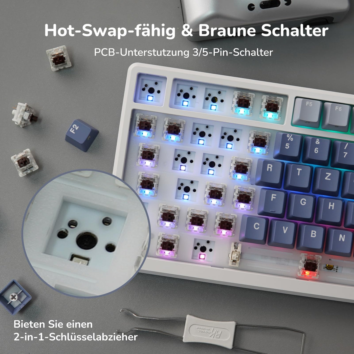 RK ROYAL KLUDGE M75 Gaming Tastatur kabellos 75% TKL Mechanische Tastatur RGB 2,4 GHz Wireless/Bluetooth/USB-C QWERTZ mit OLED-Smart-Display und Knopf Hot Swappable Braune Schalter, Lavendelviolett