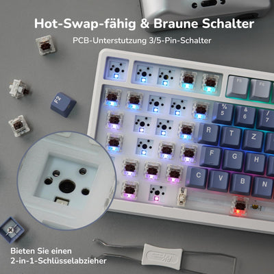 RK ROYAL KLUDGE M75 Gaming Tastatur kabellos 75% TKL Mechanische Tastatur RGB 2,4 GHz Wireless/Bluetooth/USB-C QWERTZ mit OLED-Smart-Display und Knopf Hot Swappable Braune Schalter, Lavendelviolett