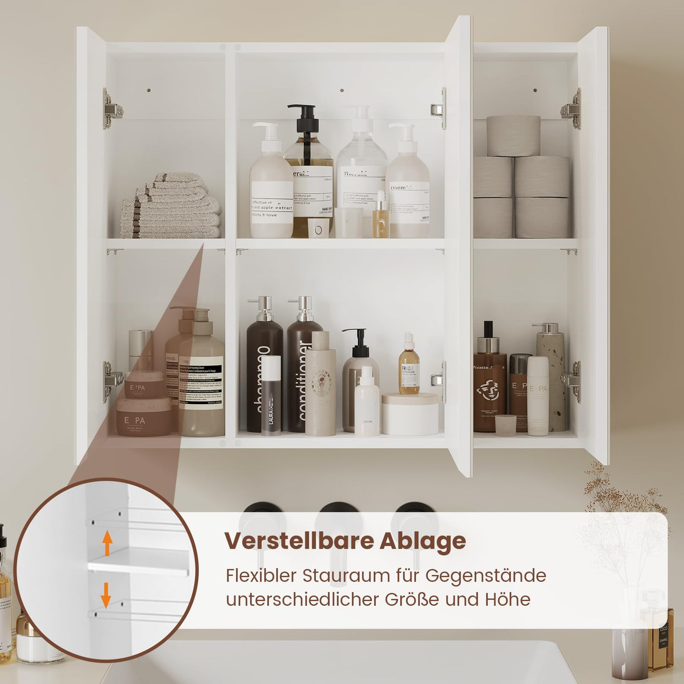 DICTAC Spiegelschrank Bad 70x60x16cm Badschrank mit Spiegel und Verstellbarem Regal Aufbewahrungs Bad Schrank 3 Türen Wandschrank mit Spiegel Medizinschrank Hängeschrank für Badezimmer,Weiß