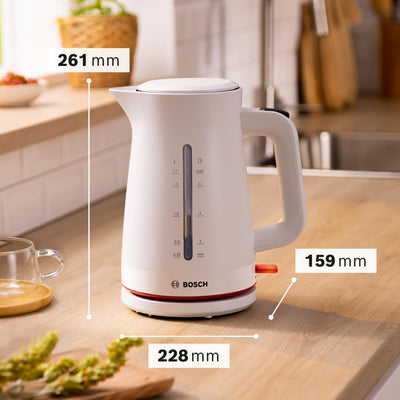 Bosch kabelloser Wasserkocher MyMoment TWK3M121, Abschaltautomatik, Überhitzungsschutz, Tassenanzeige, beidseitige Wasserstandsanzeige, entnehmbarer Kalkfilter, 1,7 L, 2400 W, Weiß matt