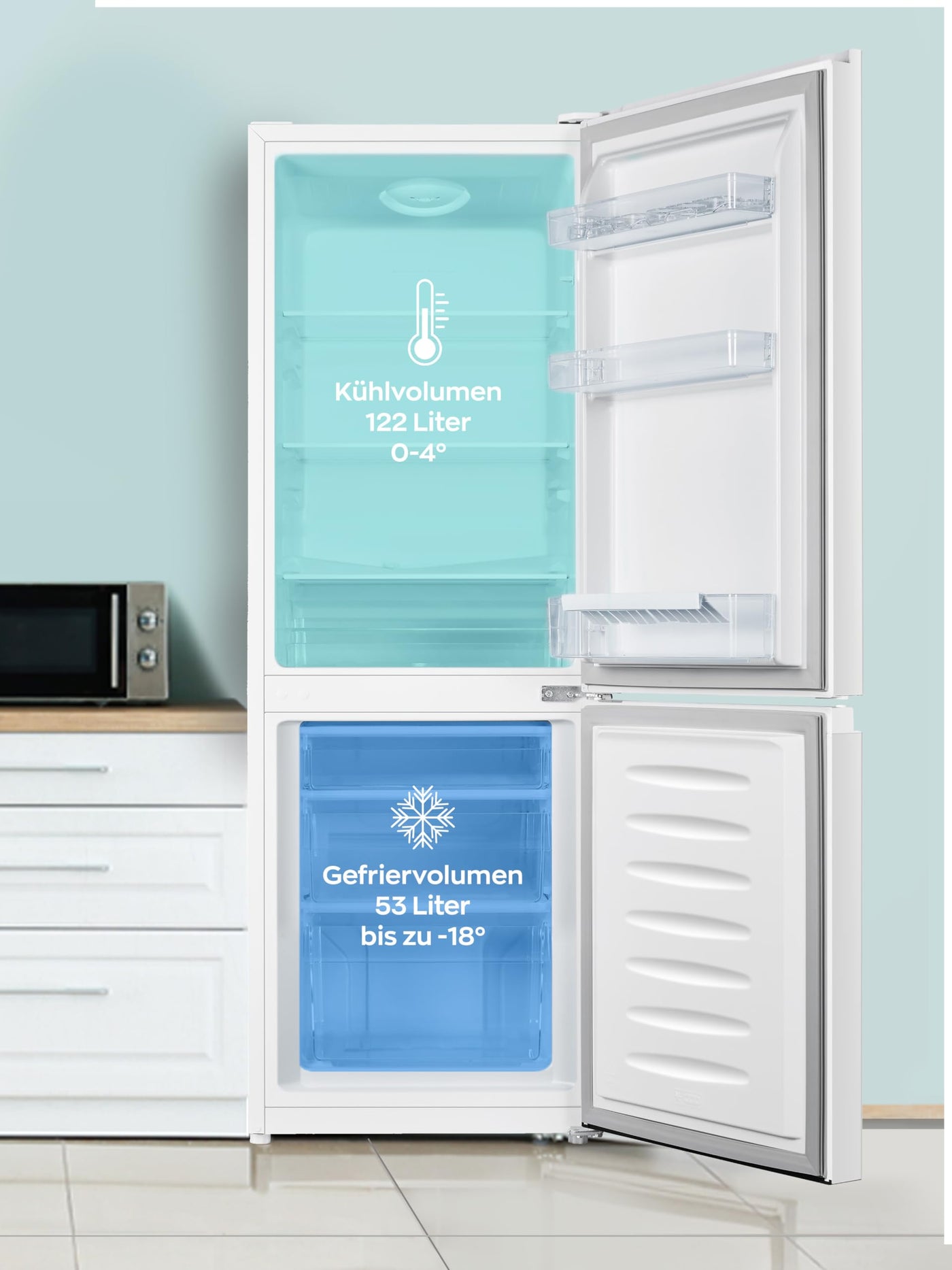 Heinrich´s Kühlgefrierkombination 175Liter, Kühlvolumen 122L, Gefrierfach 53L,LED Innenraumbeleuchtung, Kühlschrank Türanschlag wechselbar, leise 39dB,große Tiefkühlboxen, 7 Temperaturstufen,weiß