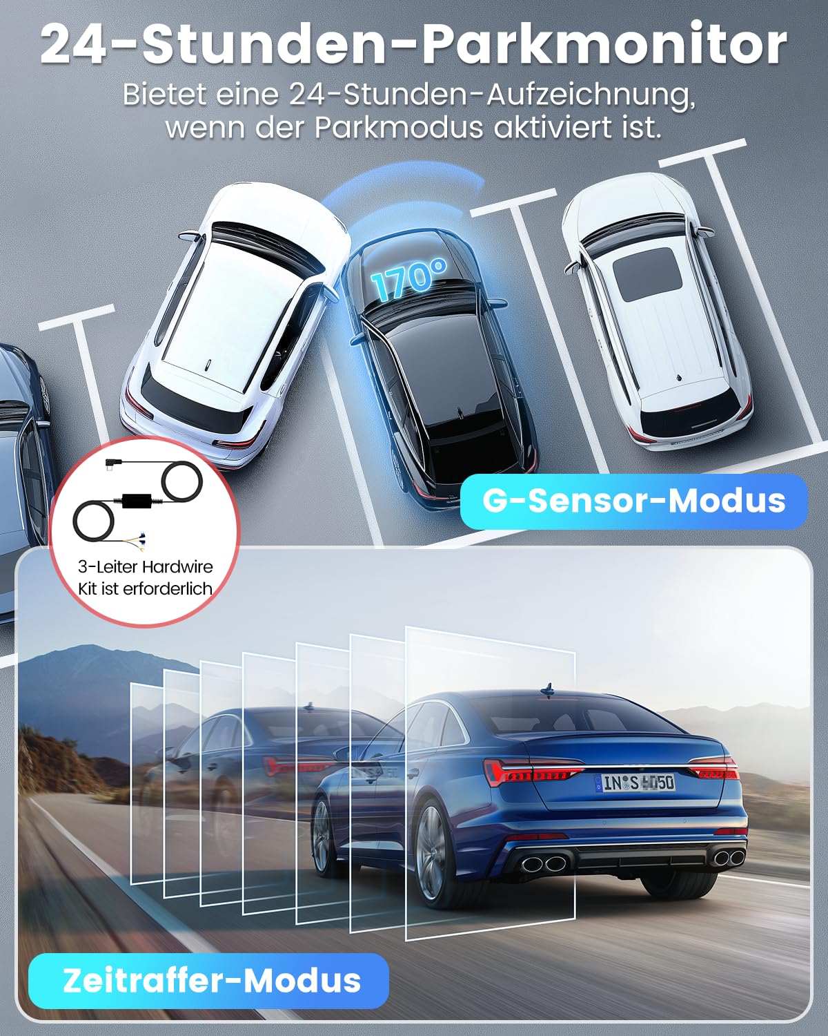 Dashcam Auto 4K+1080P SIGRILL Dashcam Auto Vorne Hinten, WiFi Dash Cam APP Steuerung, kostenlose 64-GB-Karte, Ultra Nachtsicht Daschcam, 24H Parkmodus, G-Sensor, Loop-Aufnahme, Max 256GB