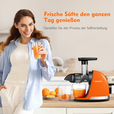 AMZCHEF Entsafter Gemüse und Obst Testsieger - Entsafter Slow Juicer mit Rückwärts-Kau-Funktion - Zartes Zerkleinern ohne Filtern - Saftpresse Elektrisch mit Bürste und 2 Tassen - Lebendiges Orange