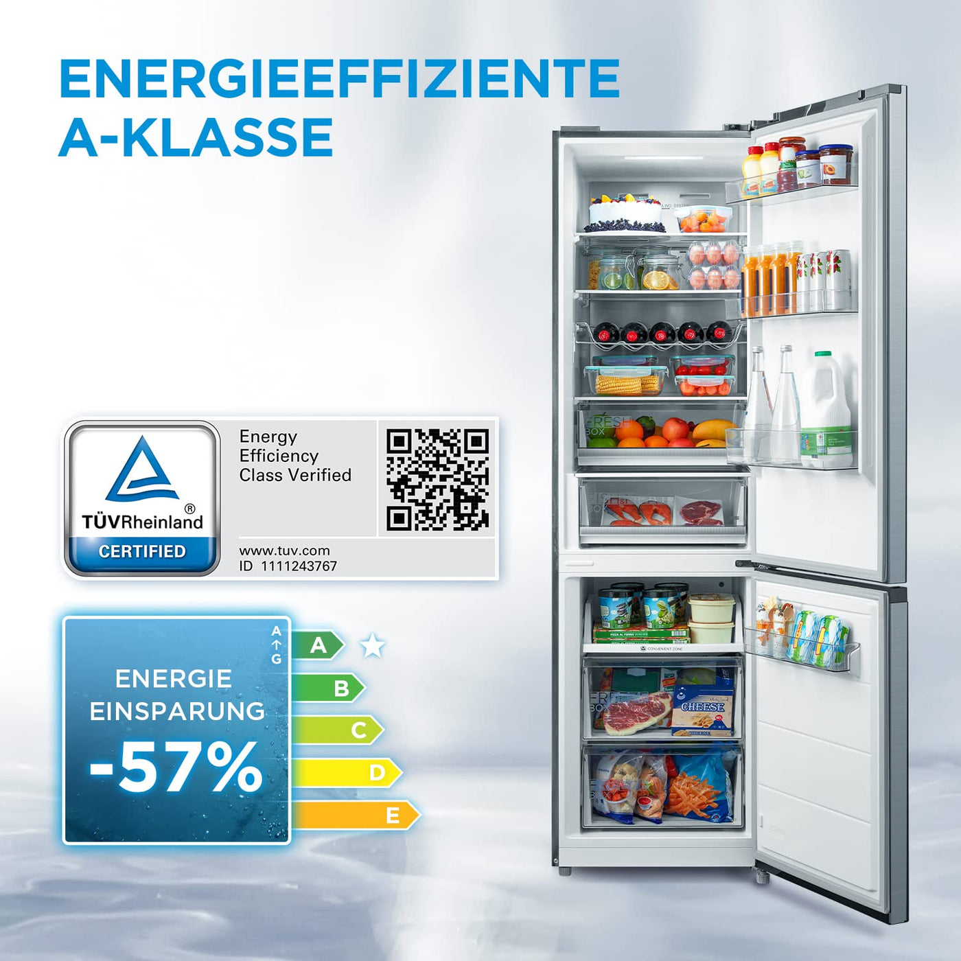 Midea MDRB521MGA46O Kühl-/Gefrierkombination/NoFrost/Besonders leise 29dB/Inverter Kompressor/Niedrigtemperaturzone/180° Verstellbare Gefrierfach-Schublade/201 cm hoch/256 L Kühlteil/122 L Gefrierteil