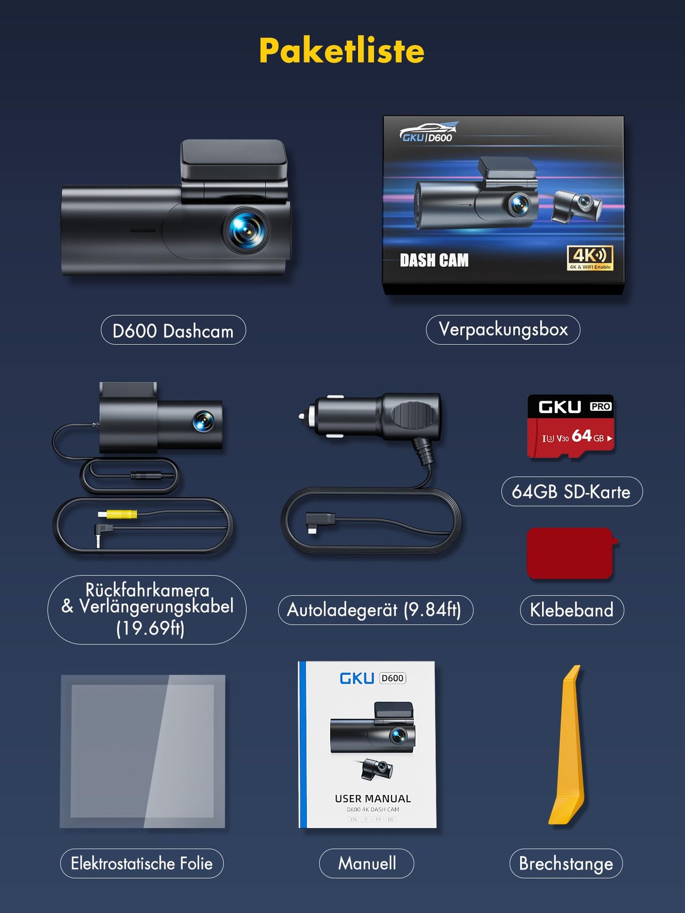 GKU Dashcam Auto Vorne Hinten 4K+1080P, 5GHz WiFi Dash Cam mit 64GB SD Karte, Auto Kamera mit Parküberwachung, Super Nachtsicht, WDR, 170° Weitwinkel, G-Sensor, Loop-Aufnahme, APP Steuerung, Max 256GB