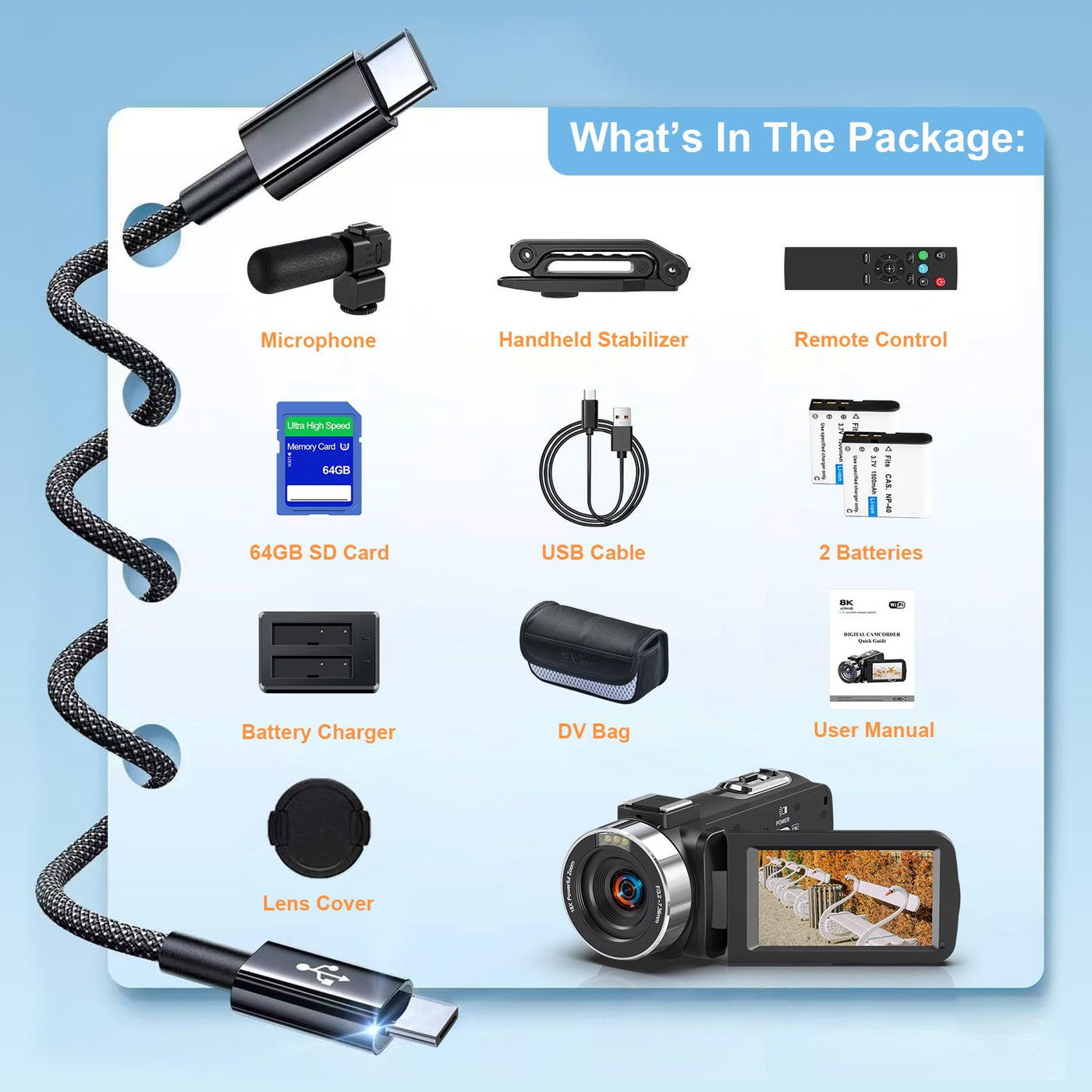 Videokamera 8K Camcorder 64MP WiFi Vlogging Kamera mit IR Nachtsicht für YouTube, 3-Zoll-Touchscreen, 18X Digitalzoom Webcam Camera mit Mikrofon,Stabilisator,Fernbedienung, 64GB SD Karte und 2 Akkus