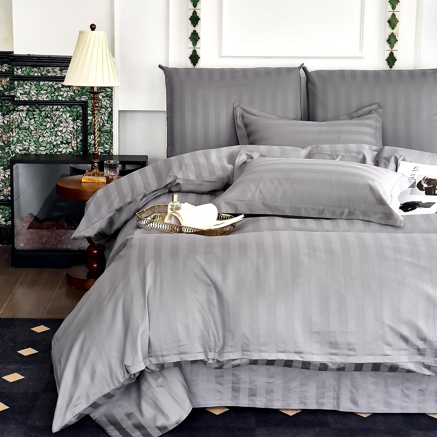 Amolavet Hotel Bettwäsche 135x200 Baumwolle Grau 2teilig Set Bettwäsche 135x200 Mako Satin Baumwolle Damast Streifen Grau mit Reißverschluss für Ganzjährig