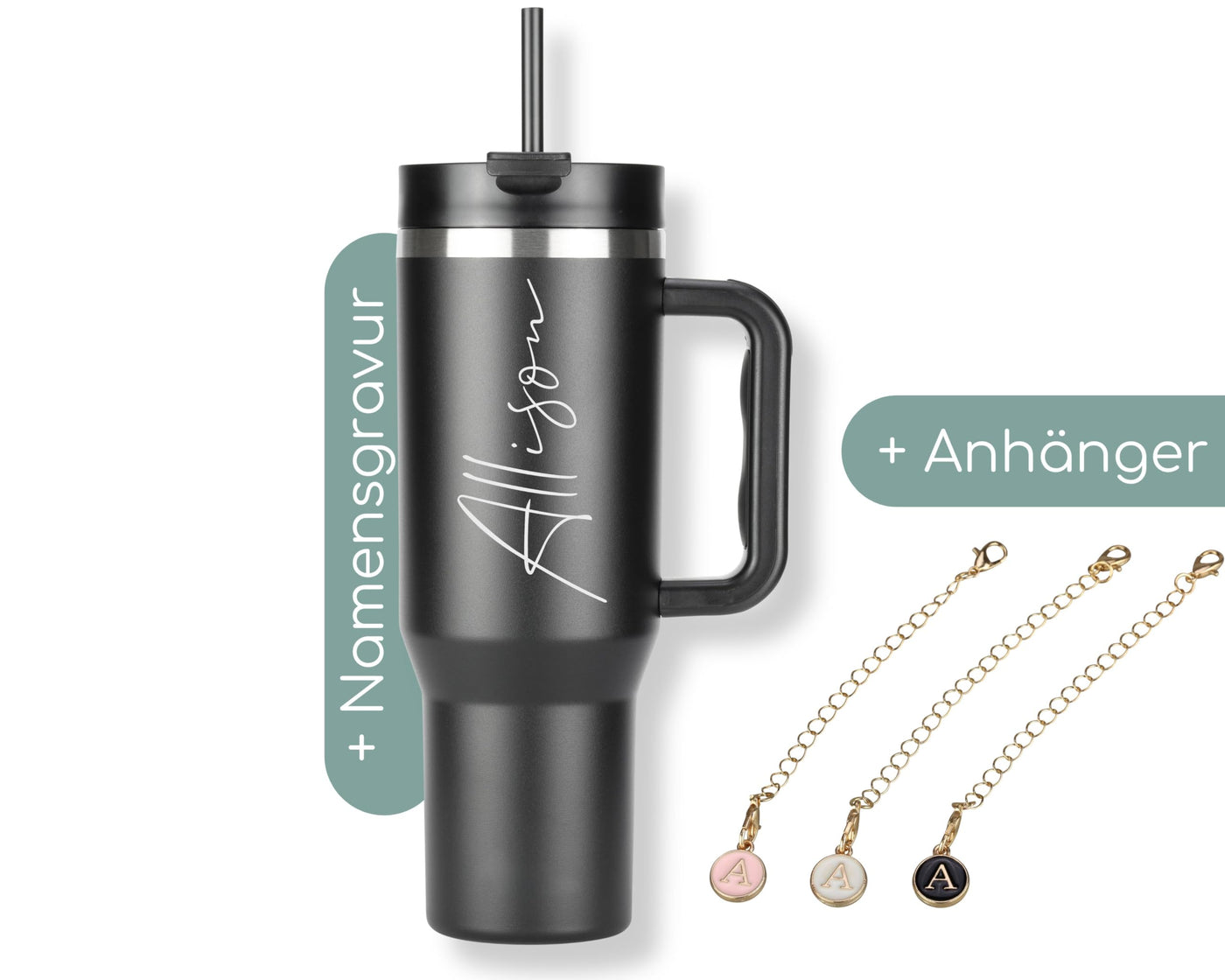 Milu Thermobecher 1200ml mit Strohhalm und Henkel – 48h Eis/24h kalt/12h heiß Edelstahl Tumbler 40oz mit Griff - Isolierbecher to go - Isolierflasche Trinkflasche doppelwandig isoliert (Gravur, 1,2L)