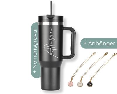 Milu Thermobecher 1200ml mit Strohhalm und Henkel – 48h Eis/24h kalt/12h heiß Edelstahl Tumbler 40oz mit Griff - Isolierbecher to go - Isolierflasche Trinkflasche doppelwandig isoliert (Gravur, 1,2L)