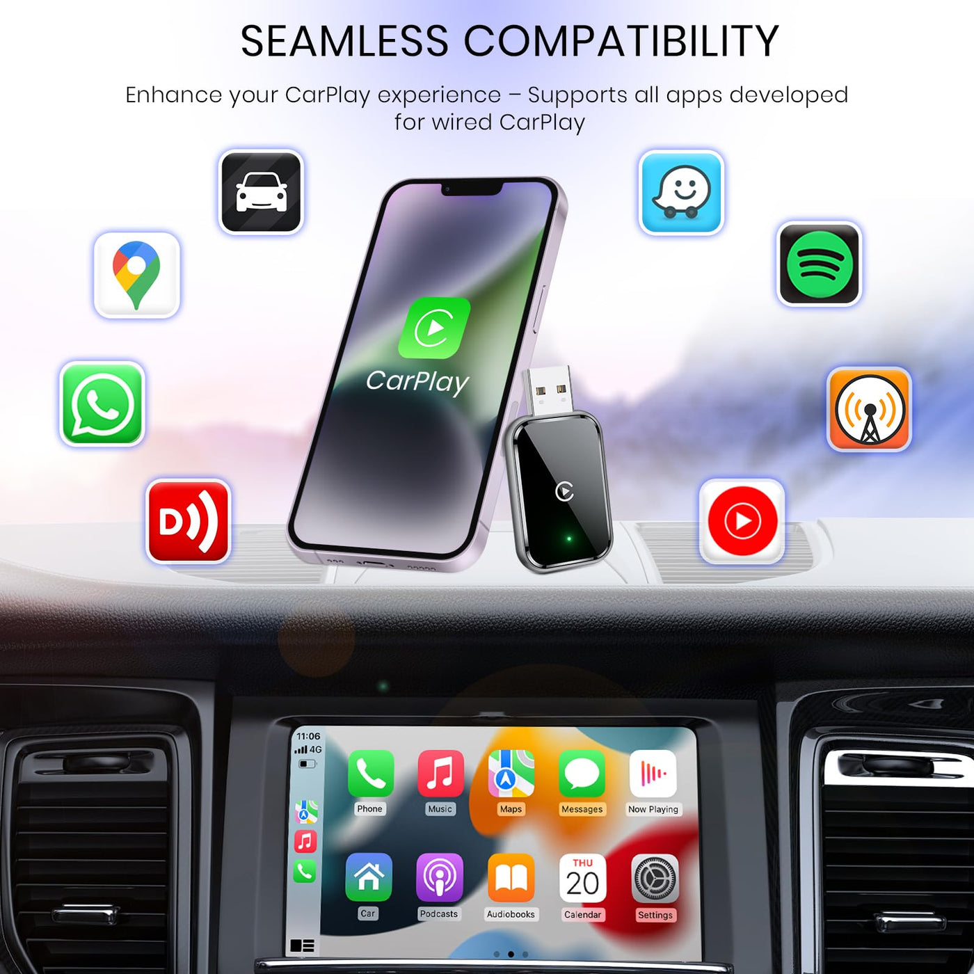AIZEO Wireless CarPlay Adapter, Superschnelle Upgrade von Wired auf Wireless, Plug und Play, Mini & Stabiler, kompatibel mit iPhone iOS 10+ & Autos mit Wired CarPlay, Black