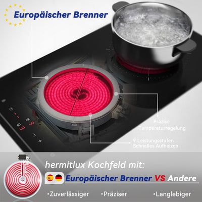 Hermitlux Domino Glaskeramikkochfeld, Eingebaut 29 cm Glaskeramik Elektrisches Kochfeld, 9 Leistungsstufen, Sensor-Touch-Steuerung, Kindersicherung, 1-99 Minuten-Timer, Geeignet für Alle Töpfe